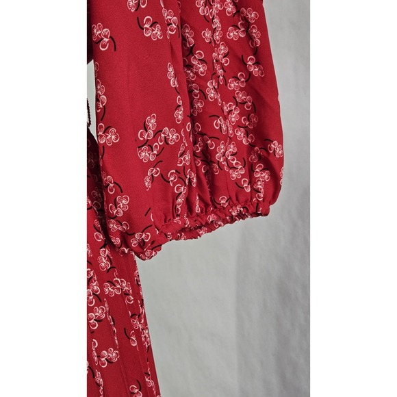 Max Studio Red Floral Print Puff Sleeve Pleated Midi  Dress Women's Large - Picture 5 of 10